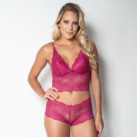 Conjunto Moda Íntima Cropped e Caleçon em Renda  K31.D